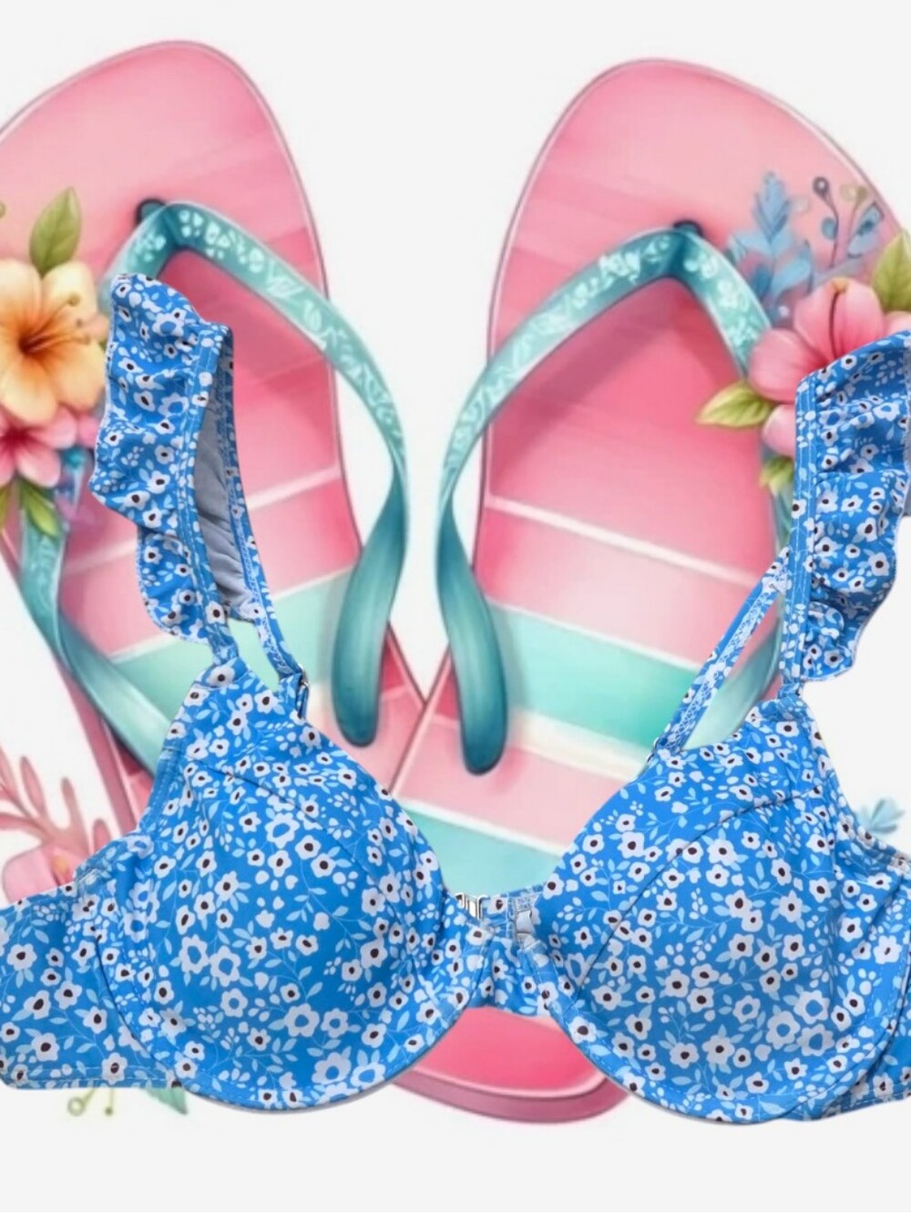 Shein Blue & White Ditsy Floral Ruffle Trim Bikini Top